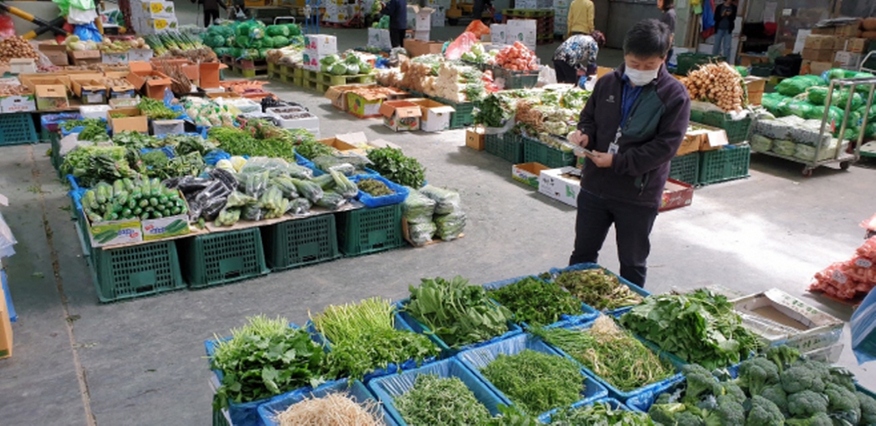 지난해 5월 대전보건환경연구원이 지역 도매시장 유통 농산물의 잔류농약 검사시료를 수거하고 있다. [사진=대전보건환경연구원]
