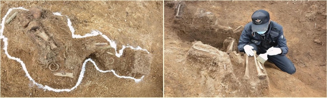 강원도 양구 백석산에서 6.25전사자 유해가 발굴되고 있다. [사진=국방부 유해발굴감식단]